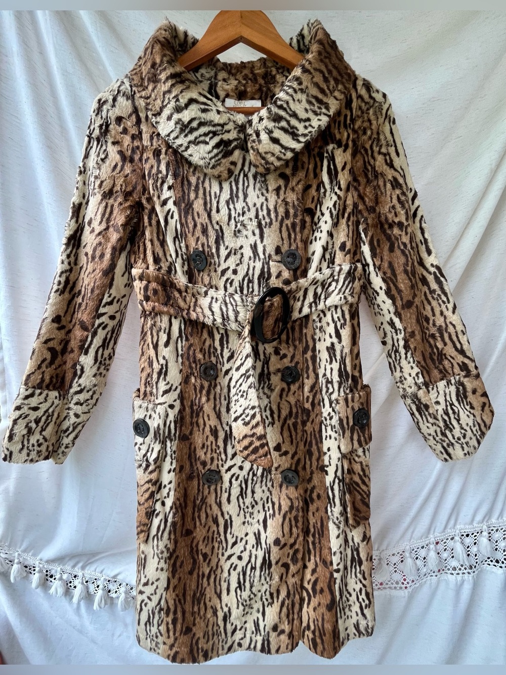 Sara Berman Faux Fur Pea Coat Portrait Neckline Collar Tiger Stripe Vintage - Picture 2 of 16